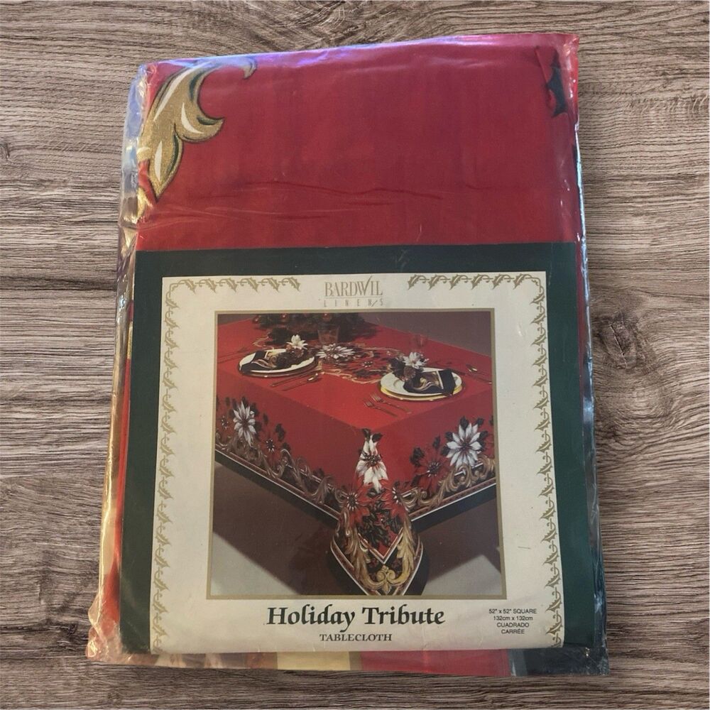 Vintage NEW Bardwil Tablecloth CHRISTMAS White Red Poinsettia Print Square 52”